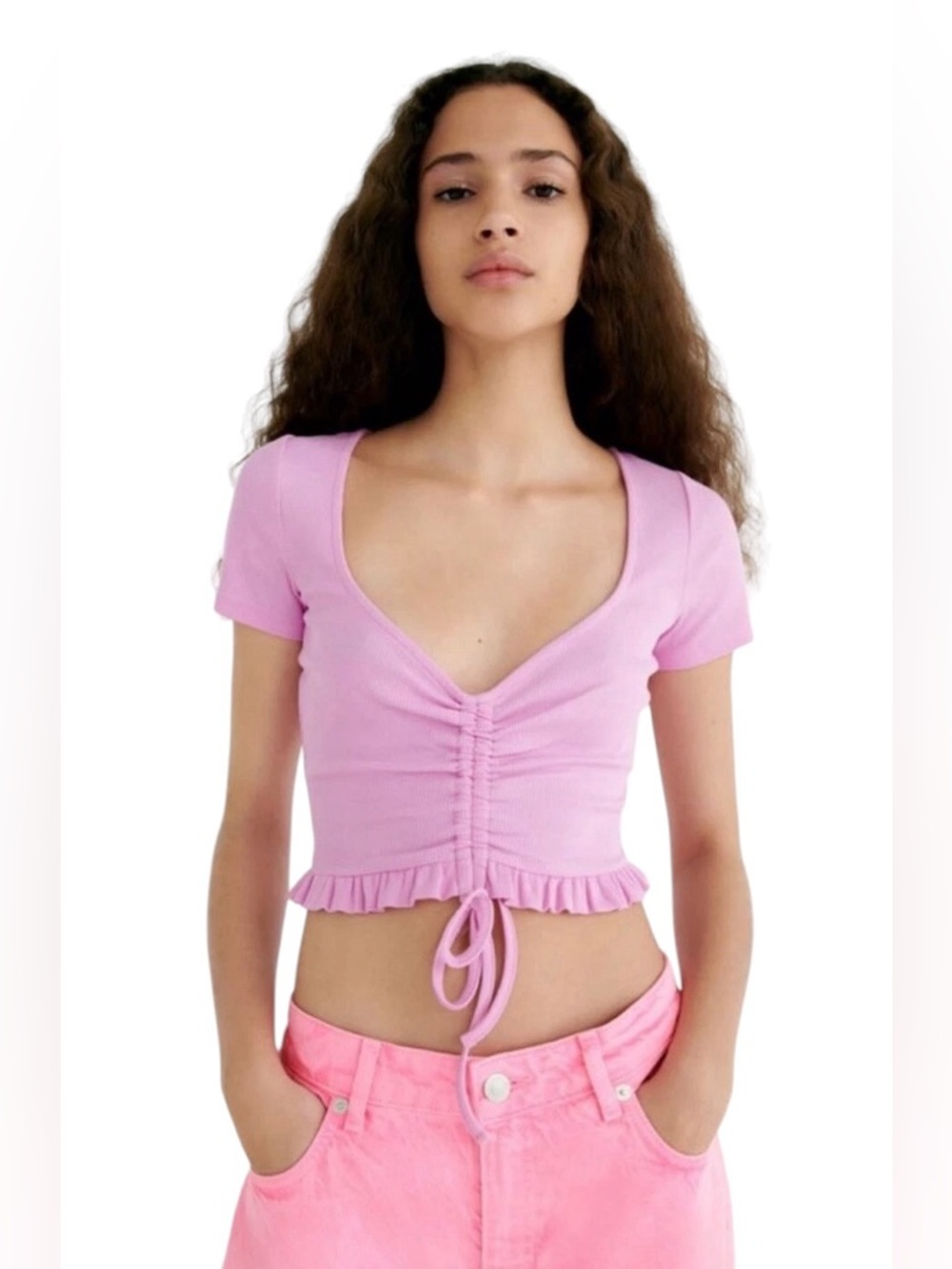 Zara Ruched Crop Top Women’s Medium Pink Sweetheart Ruffle